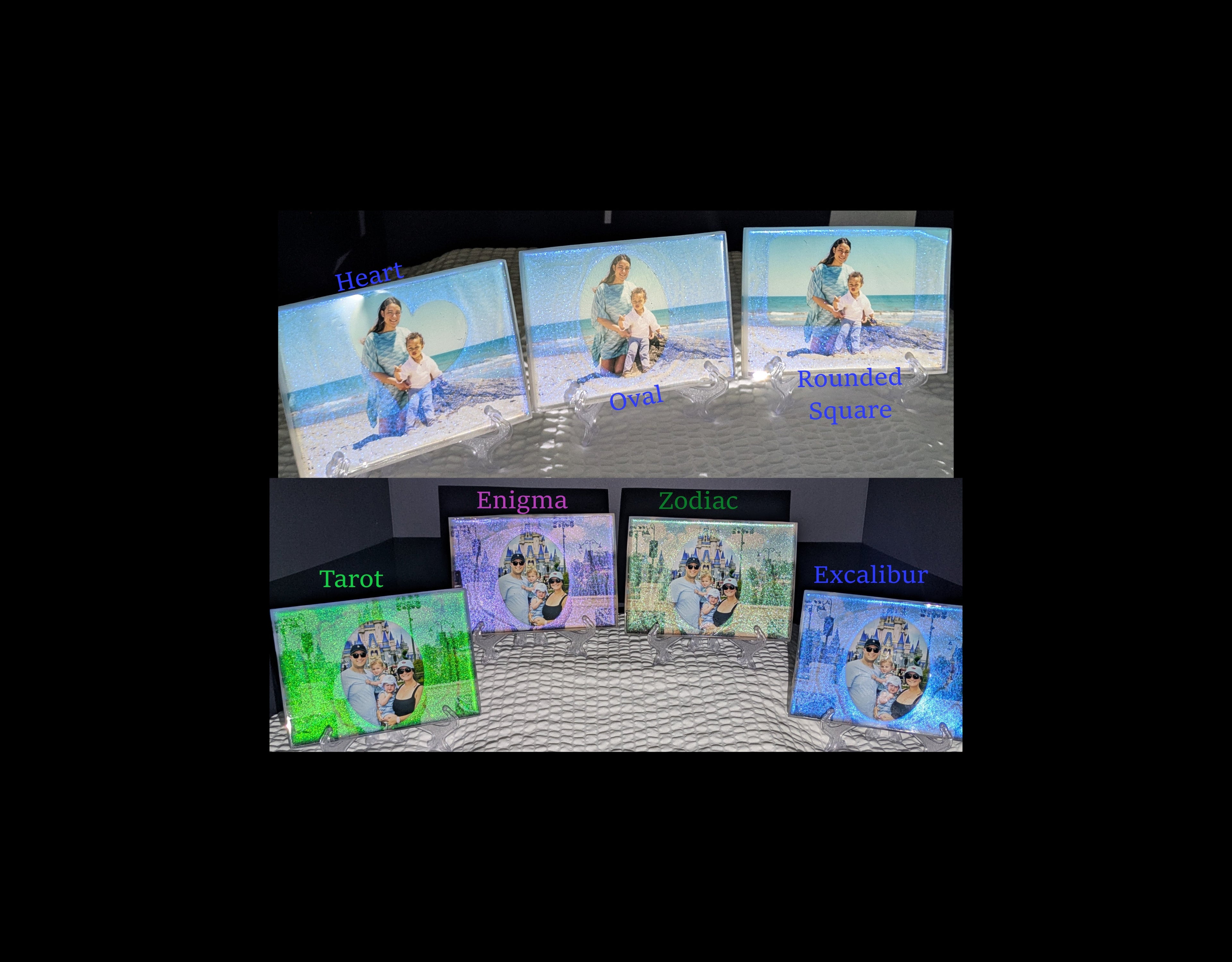 Collection of different color glittery epoxy framed photos with different shaped frames