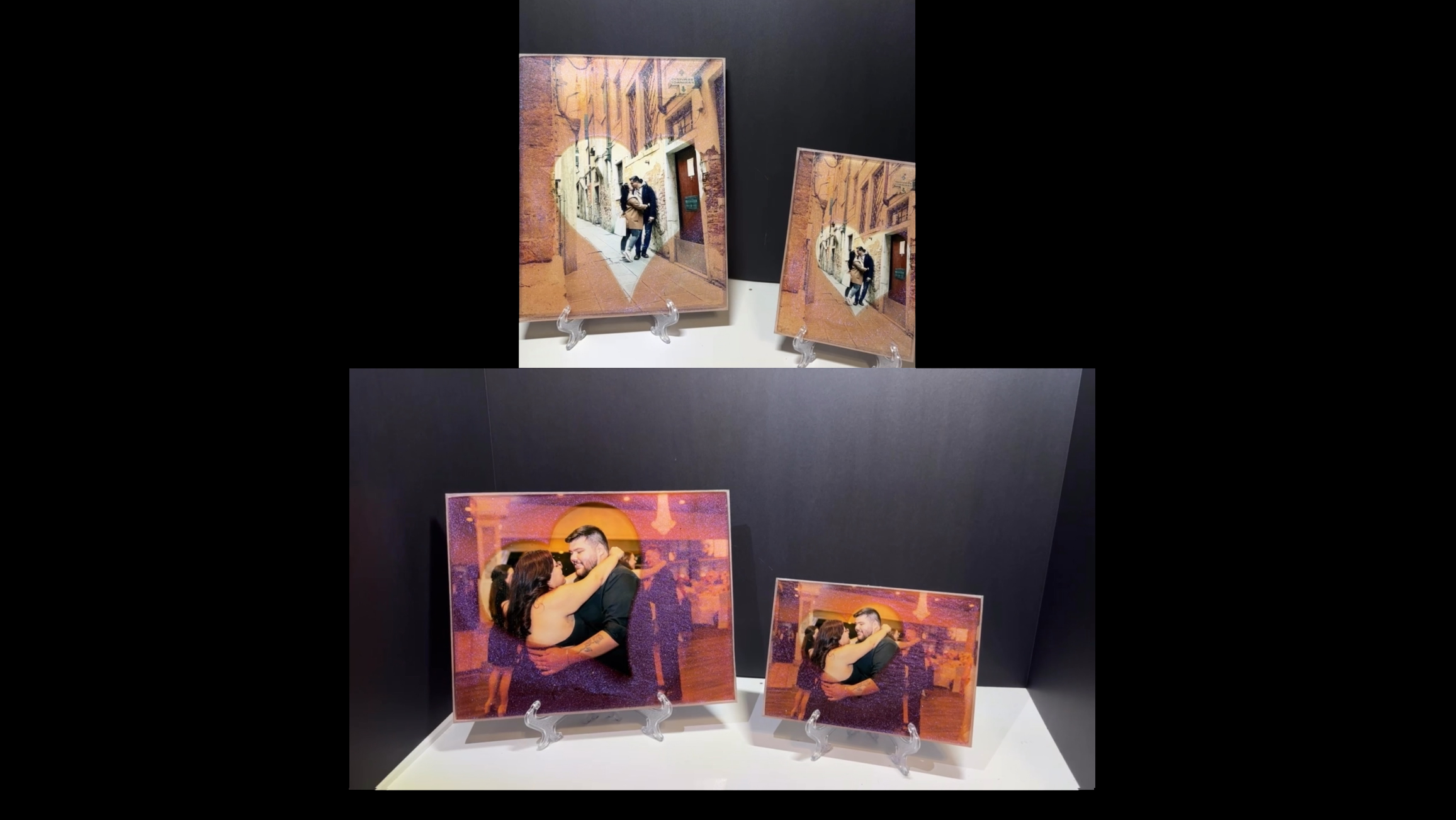 Collection of pink and purple glittery epoxy photo art or romantic scenes.